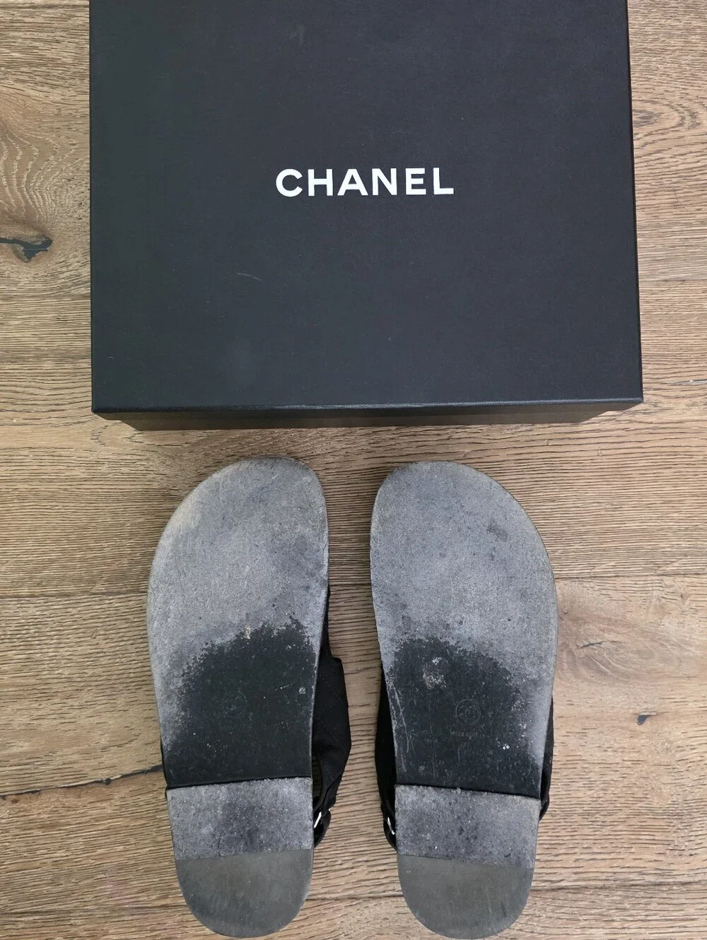 CHANEL Black Mixed Fibers CC-Strap Dad Sandals